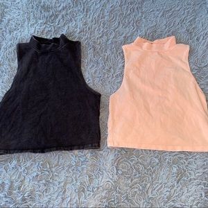 Black & Salmon Sleeveless Low Turtle Neck Crop Top